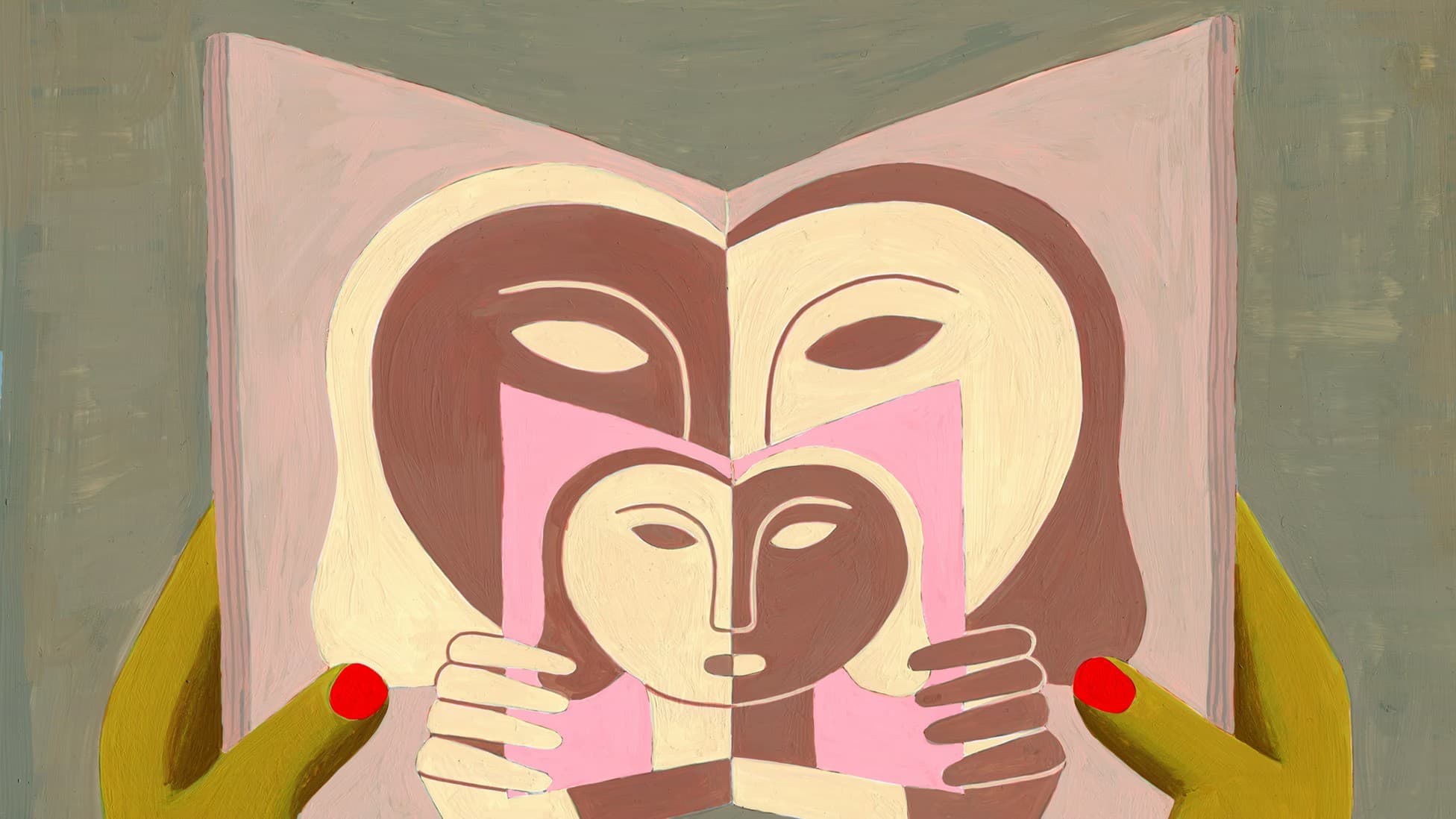 Abstract painting of two hands holding a book with faces on the pages, blending into each other. The hands have red-painted nails.
